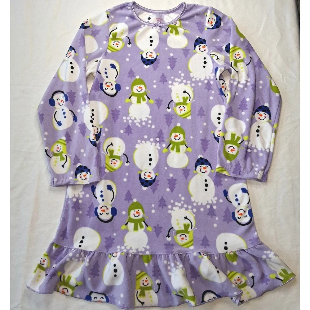 Carters Super Comfy Kids Girls Snowman‎ Print Fleece Nightgown Pajama Dress L